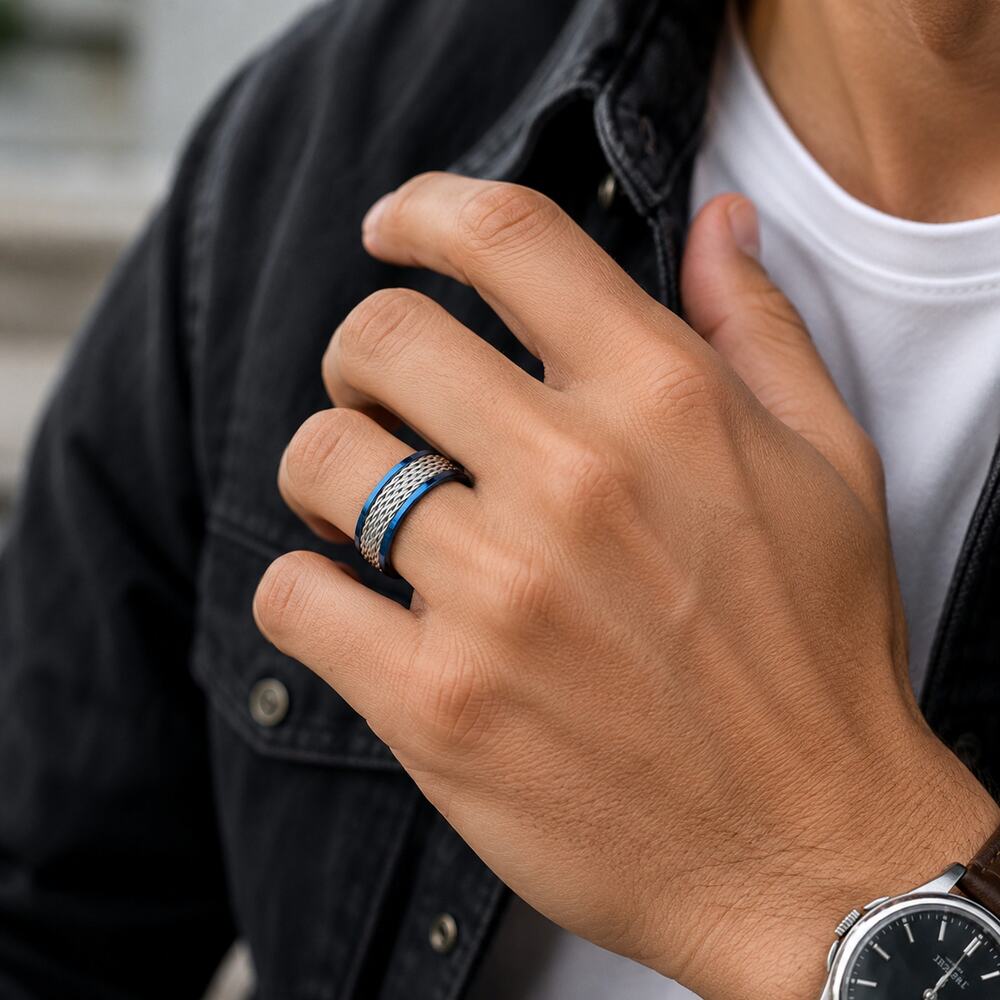 Men’s 8mm Multi Wire 316L Stainless Steel Band Ring Blue Edge Band size 11 - Picture 2 of 7